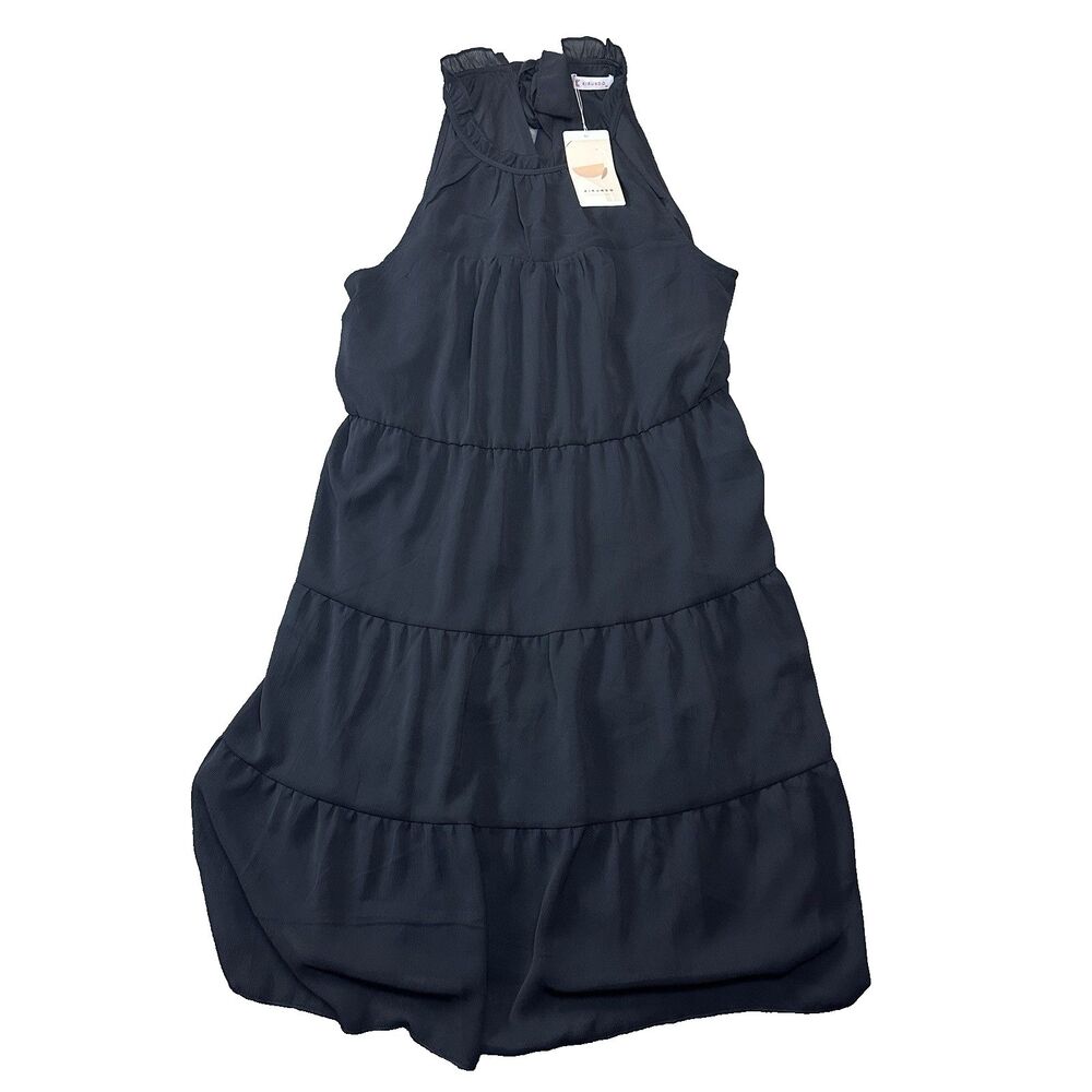 Kirundo Black Sleeveless Tiered Mini Dress High Neck Bow Back Womens Size M‎